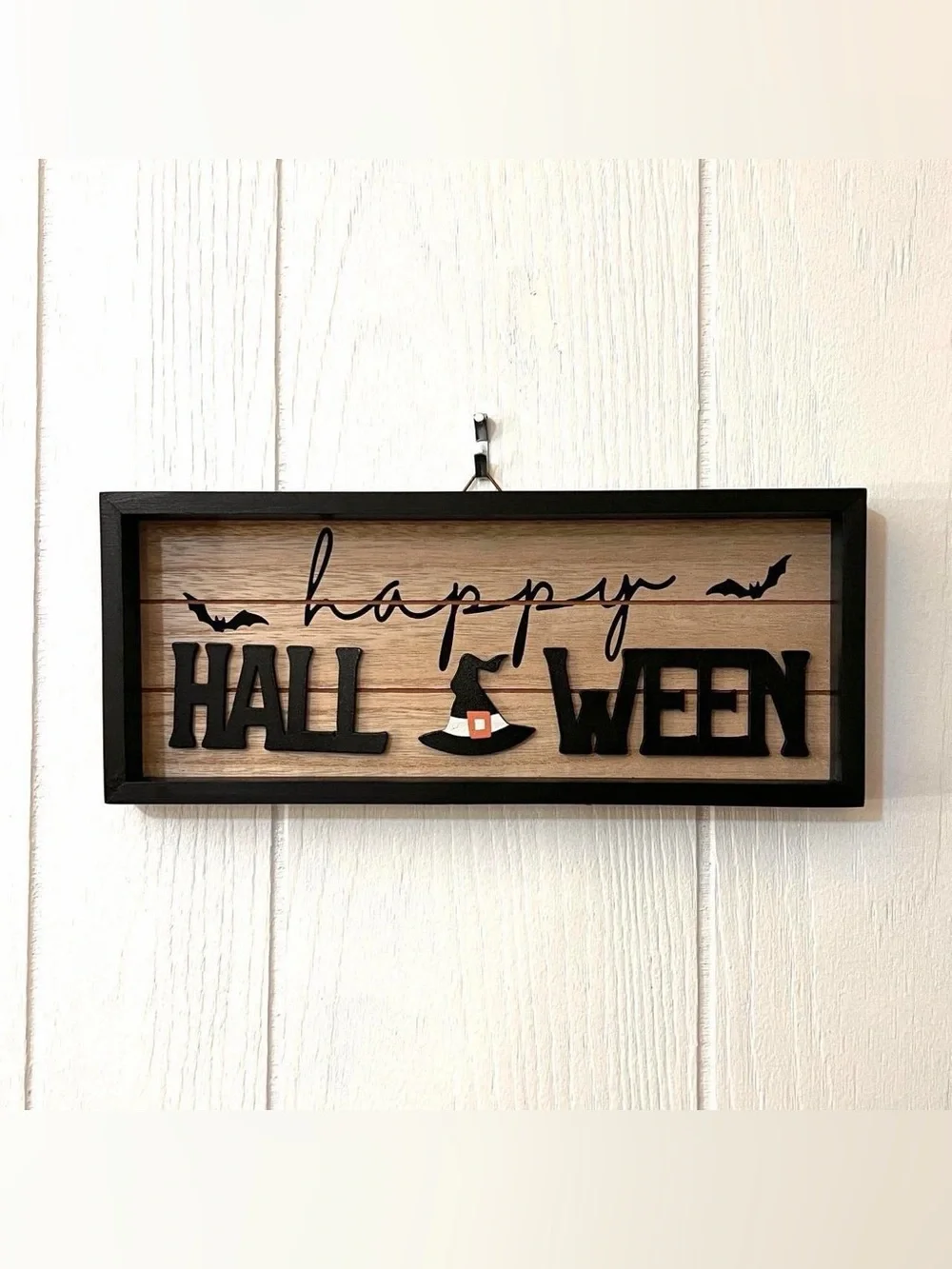 NWT Happy Halloween Wood Wall Shadowbox Sign Holiday Decoration Bats & Witch Hat